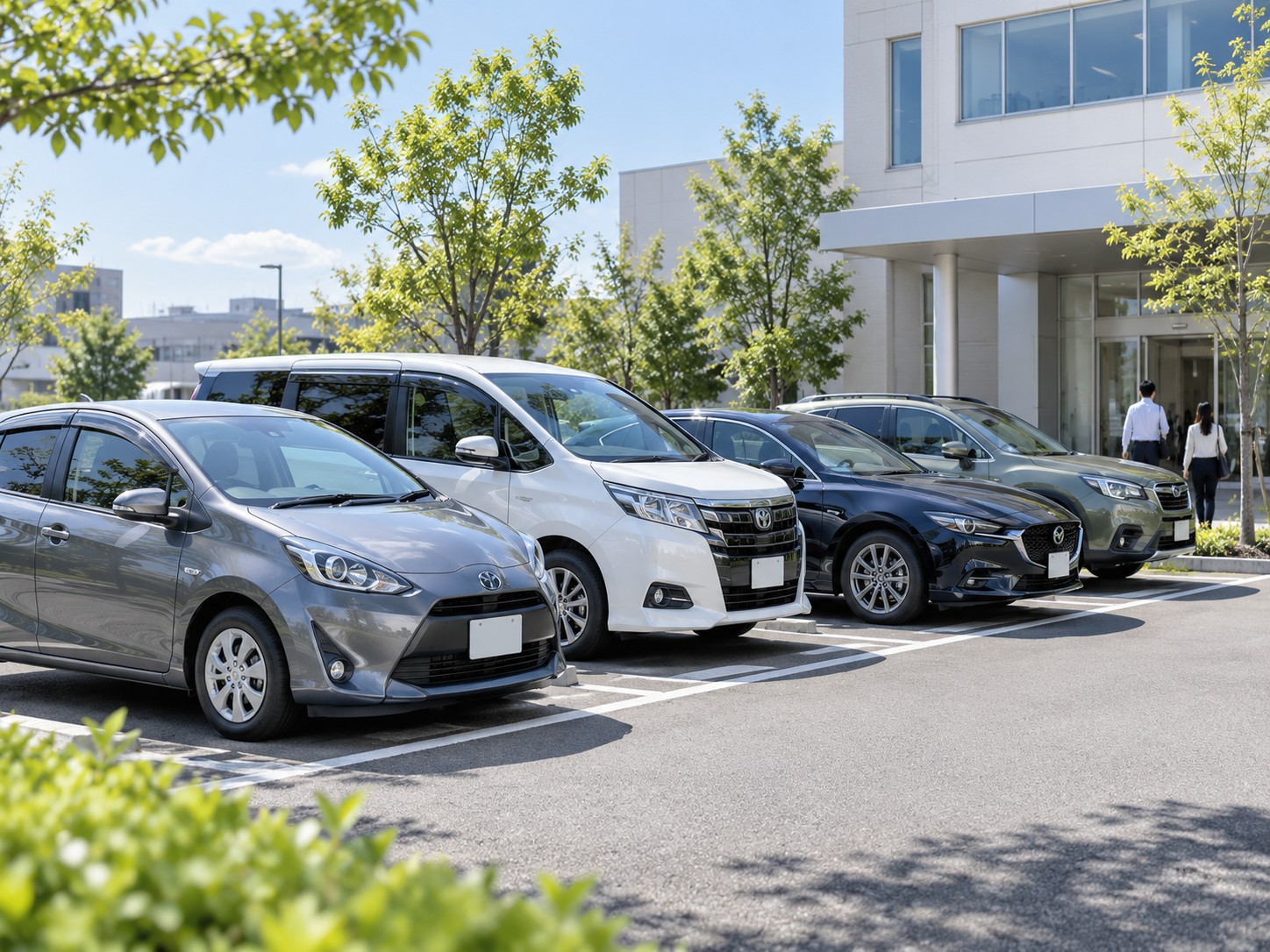 オフィス駐車場に並ぶ社員利用を想定した乗用車