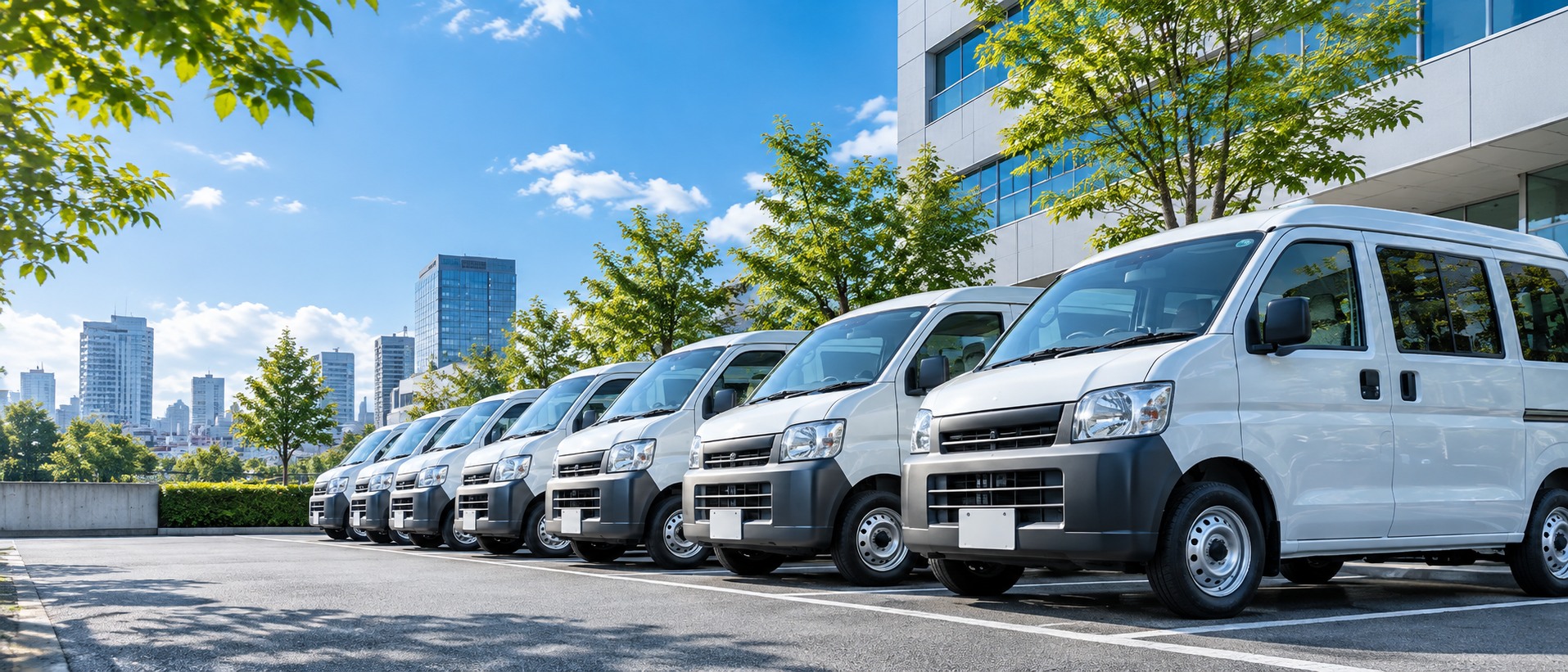 晴天のオフィス駐車場に同型の白い社用車が並ぶイメージ
