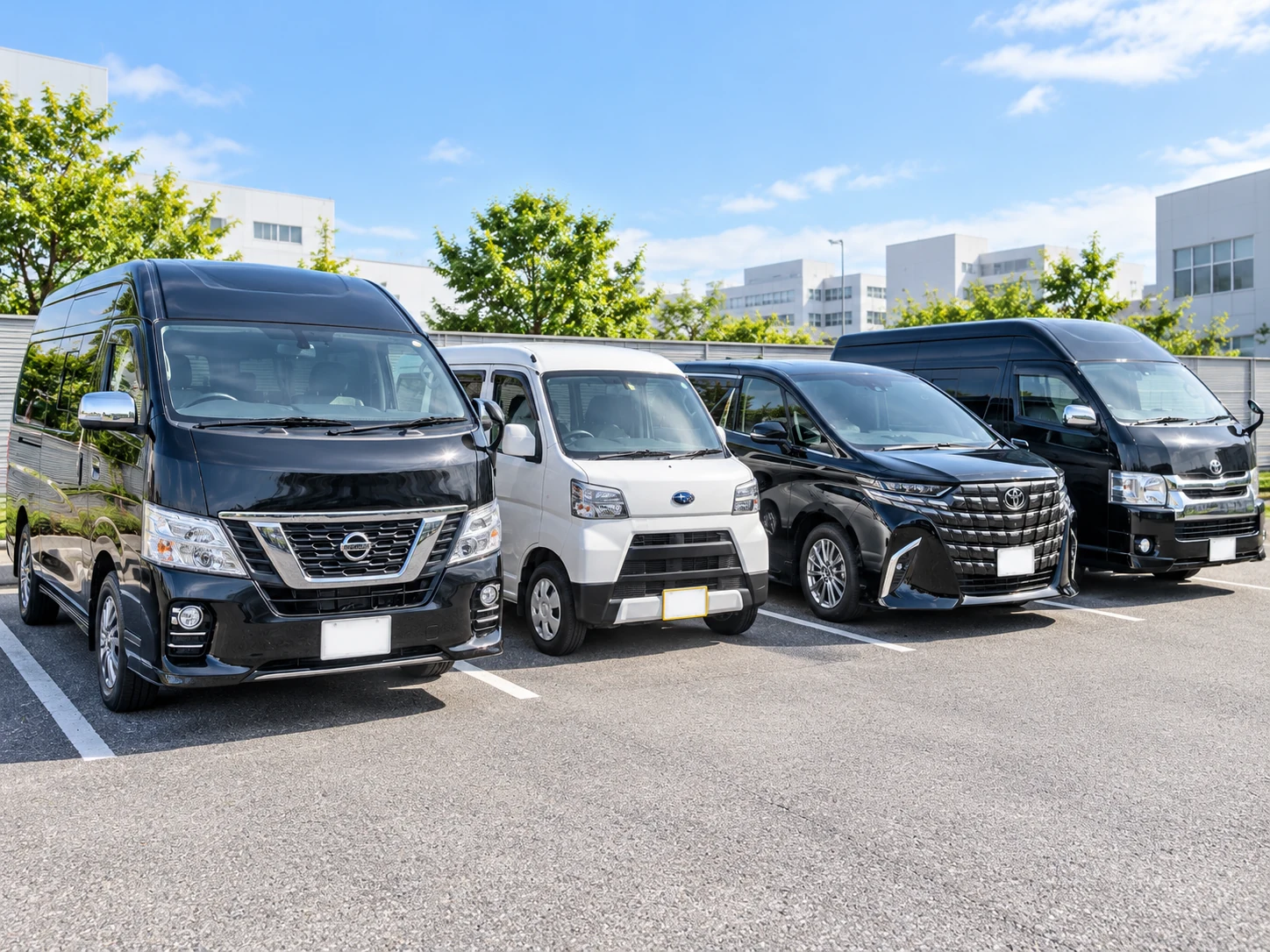 同じ駐車場に複数台の社用車が並ぶ複数台利用イメージ